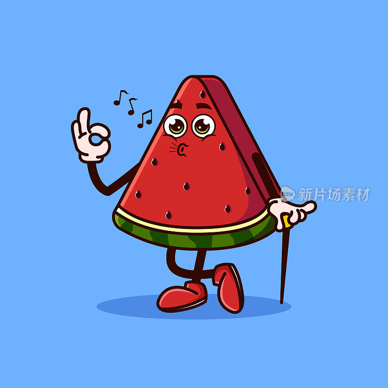 可爱的西瓜水果角色可以手势和哨子。水果角色图标概念孤立。平面卡通风格的Premium Vector